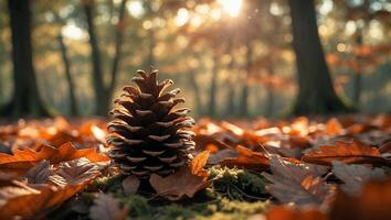 Pine Cone on Autumn Leaves in Forest photo