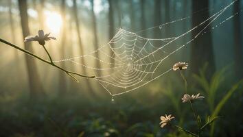 Dew Covered Spider Web in Forest with White Flowers photo