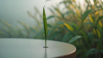 Blade of Grass with Water Drop on Round Table photo
