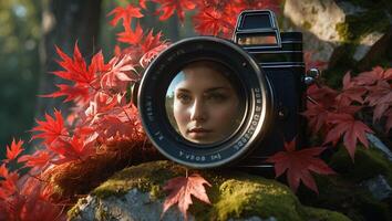 Camera Reflects Face in Autumn Leaves photo