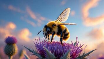 Bumblebee on Thistle Flower at Sunset photo
