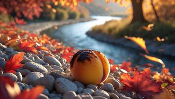 Peach by River in Autumn Leaves and Stones photo
