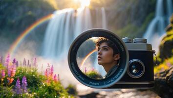 Person with Camera in Front of Waterfall and Rainbow photo