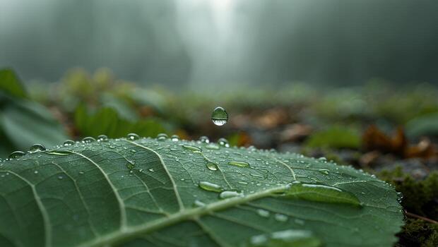 Leaf with Water Droplet in Forest Scene photo