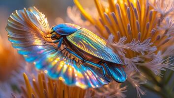 Iridescent Beetle on Flower photo