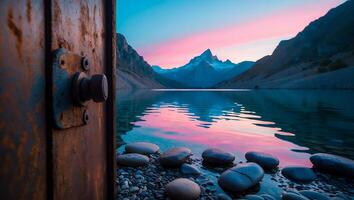 Lake and Mountain View Through Open Door with Colorful Sky photo