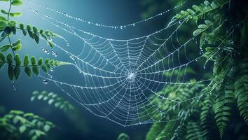 Spiderweb Covered in Dewdrops Hanging in Green Forest photo