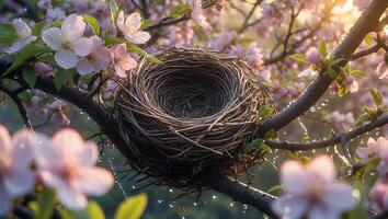 Bird Nest in Blooming Tree Branch photo