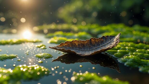 Leaf Floats on Water Surface with Reflection photo
