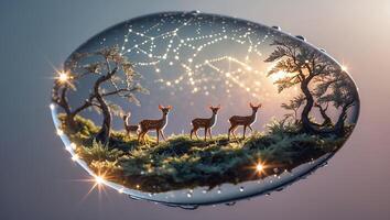 Deer in Miniature Forest Inside Water Droplet photo