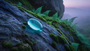 Clear Capsule on Rock with Moss and Fern photo