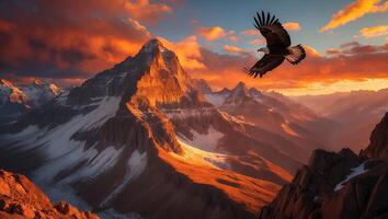 Eagle Flying Over Snowy Mountain Peak at Sunset photo