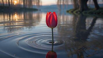 Red Tulip in Lake Water with Reflections at Sunrise photo