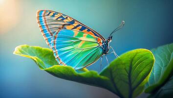Colorful Butterfly Resting on Green Leaf Nature Scene photo