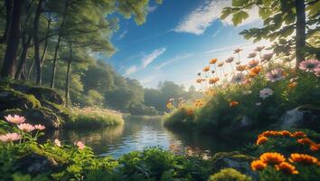 River Landscape with Flowers and Trees on Sunny Day photo