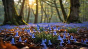 Bluebells in the woods at sunrise photo