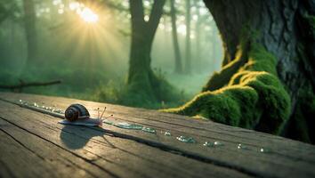 Snail Crawling on Wood Plank in Forest Sunlight photo