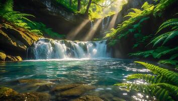 Scenic Waterfall Cascading Into Clear Pond Surrounded by Lush Ferns photo