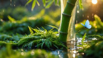 Bamboo Stalk and Blue Butterfly in Serene Rain Scene photo