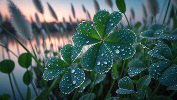 Clover with Dew Drops in a Grass Field at Sunset photo