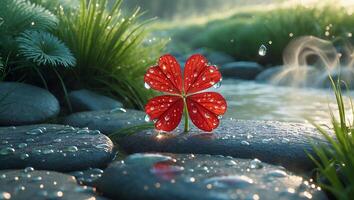 Four Leaf Clover with Water Drops by a Stream photo