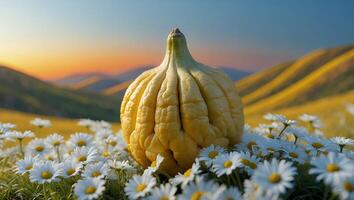 Yellow Squash in Field of Daisies at Sunset photo
