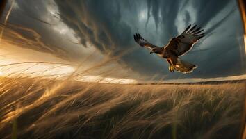 Hawk Flying Over Field with Dramatic Sky Landscape photo