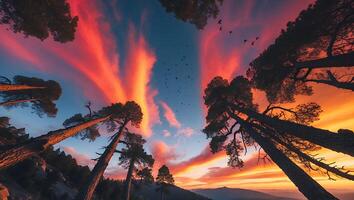 Pine Trees Against Vivid Sunset Sky with Birds Flying photo
