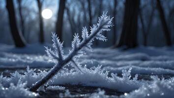 Frozen Twig with Ice Crystals in Winter Forest photo