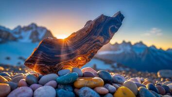 Piece of Wood on Pebble Beach with Mountain Backdrop photo