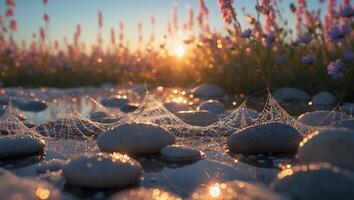 Spiderweb on Pebble with Sunlight and Flower photo