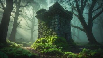 Stone Tower in Forest with Moss and Ferns photo