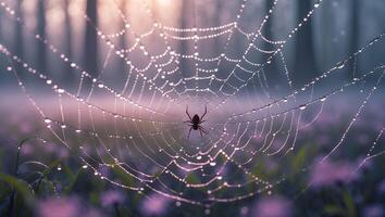 Spider on Web in Misty Forest Dew Drops photo