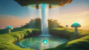 Waterfall Flows Into Pond Surrounded by Mushrooms on Green Landscape photo