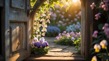 Garden Through Open Wooden Door with Flowers and Sunlight photo