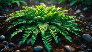 Green Fern Growing in Soil with Rain Droplets on Leaves photo