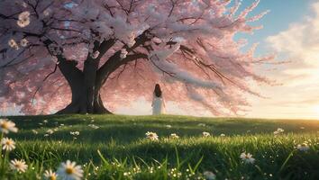 Woman Stands Under Cherry Blossom Tree in Meadow photo