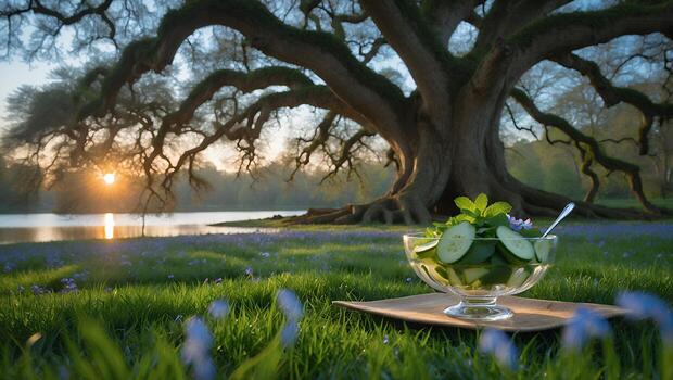 Cucumber Salad with Tree Background and Water photo