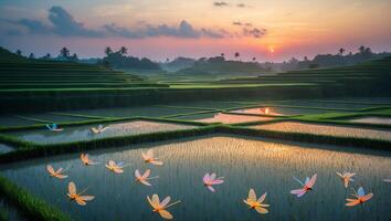 Rice Terrace with Dragonflies at Sunset photo