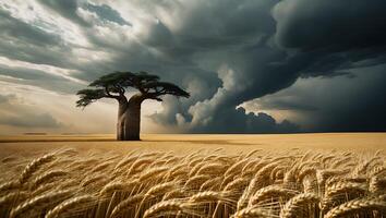 Baobab Tree in Field with Storm Clouds photo