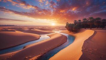 Desert Oasis at Sunset with Water Flowing Through Sand Dunes photo