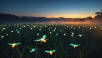 Firefly Field Glows at Dusk with Mountains and Fog photo