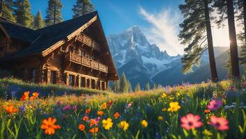 Log Cabin in Mountain Meadow Landscape photo