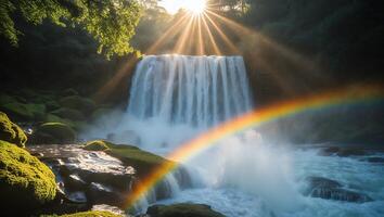 Waterfall with Rainbow and Sunlight photo