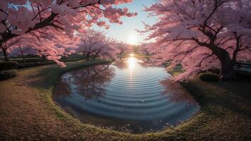 Cherry Blossom Landscape with Pond and Sunrise photo