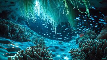Underwater Scene with Coral Reef and School of Fish photo
