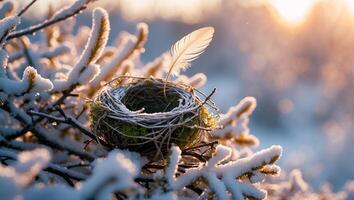 Bird Nest with Feather in Snowy Winter Setting photo