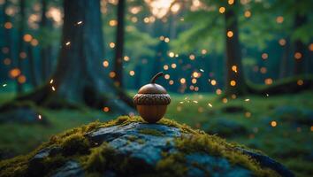 Acorn on Mossy Rock in Forest with Bokeh Lights photo