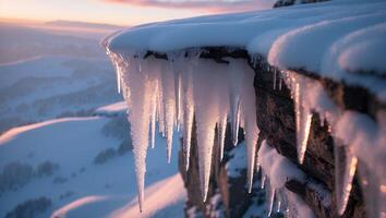 Icicle on a Cliff at Sunrise in Winter Landscape photo