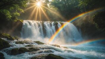 Waterfall with Rainbow and Sun Rays Landscape photo